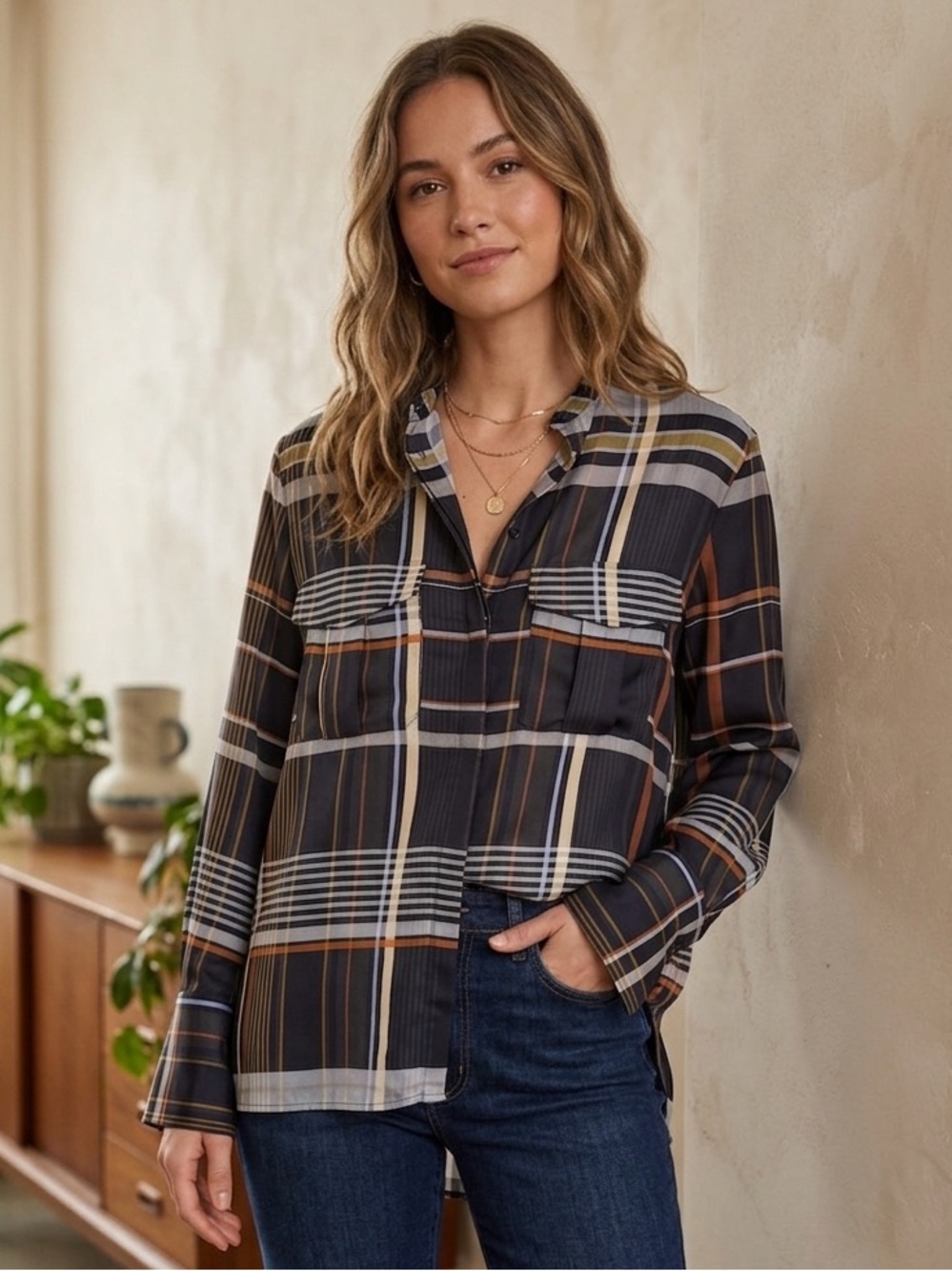Zara Navy Multi-Stripe Button-Front Blouse